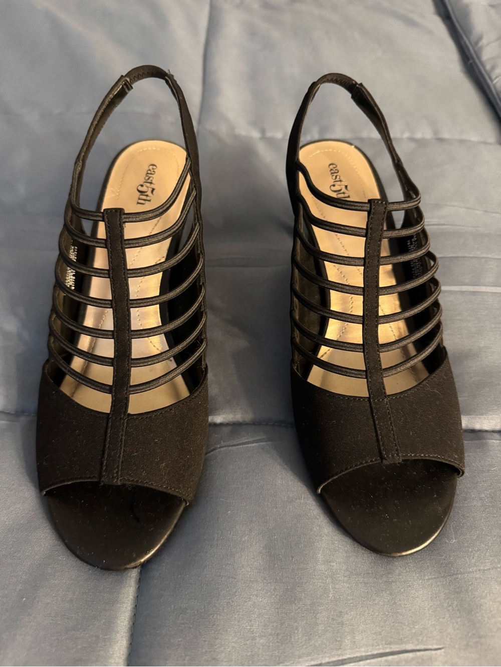 East 5th Black Strappy Peep-Toe Slingback Heels